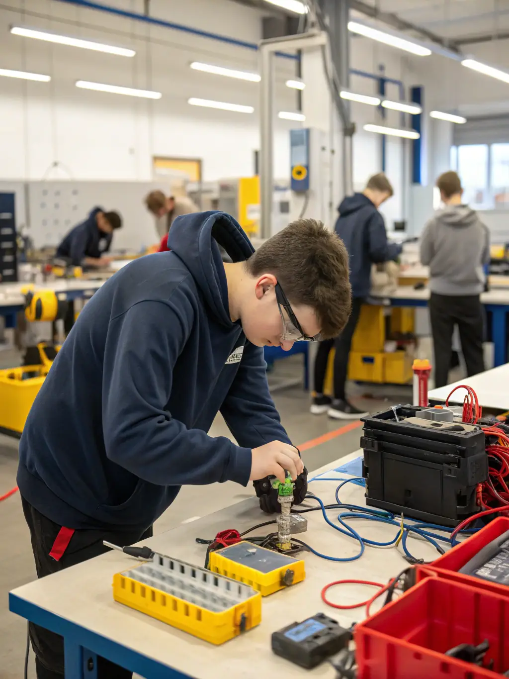 A photo of young participants learning about vehicle mechanics, emphasizing the educational aspect of SAVI COMPETITION's programs.