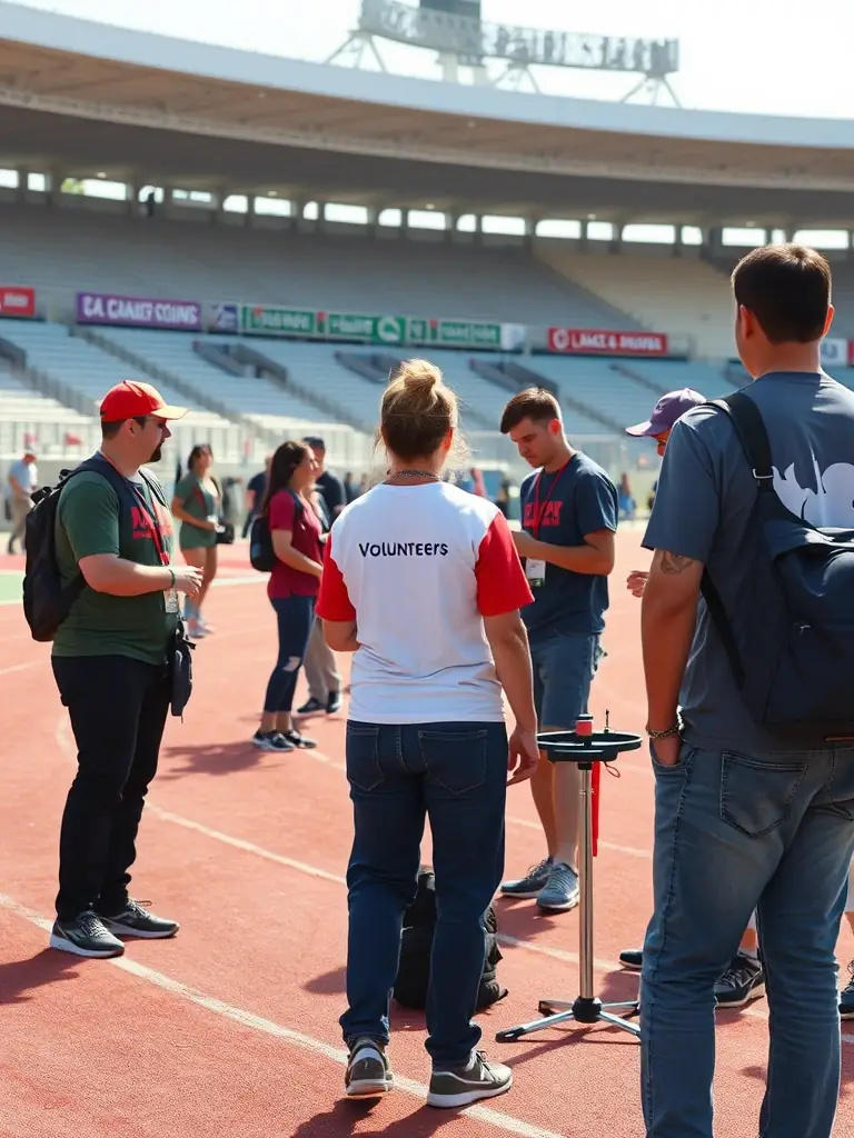 A group of volunteers working together to prepare a race track, highlighting the community involvement in SAVI COMPETITION's activities.